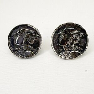Swank Vintage Mercury God Roman Mythology Silver Tone Round Cufflinks Patina